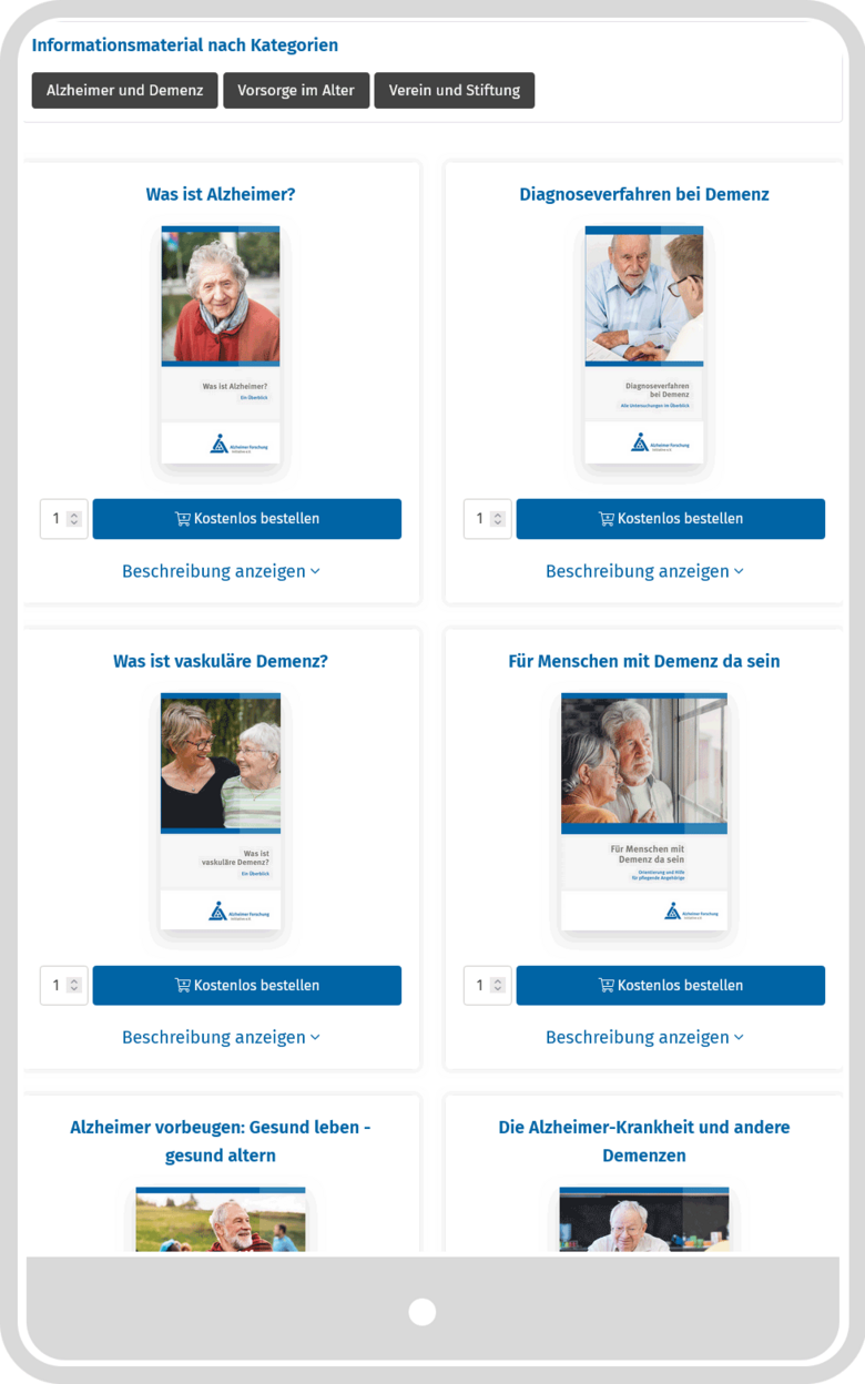 Tablet-Ansicht des Bestellshops von AFI