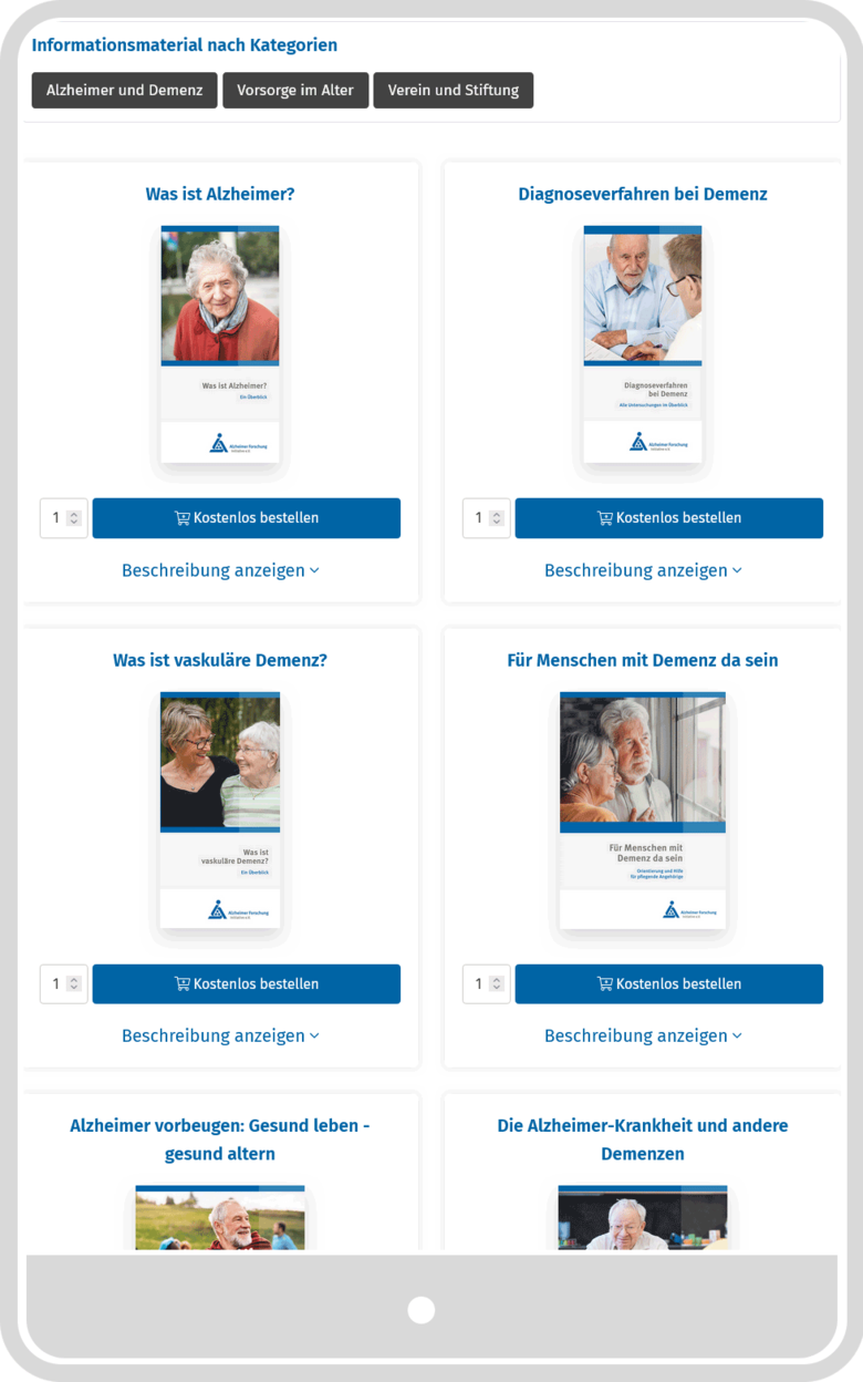 Tablet-Ansicht des Bestellshops von AFI