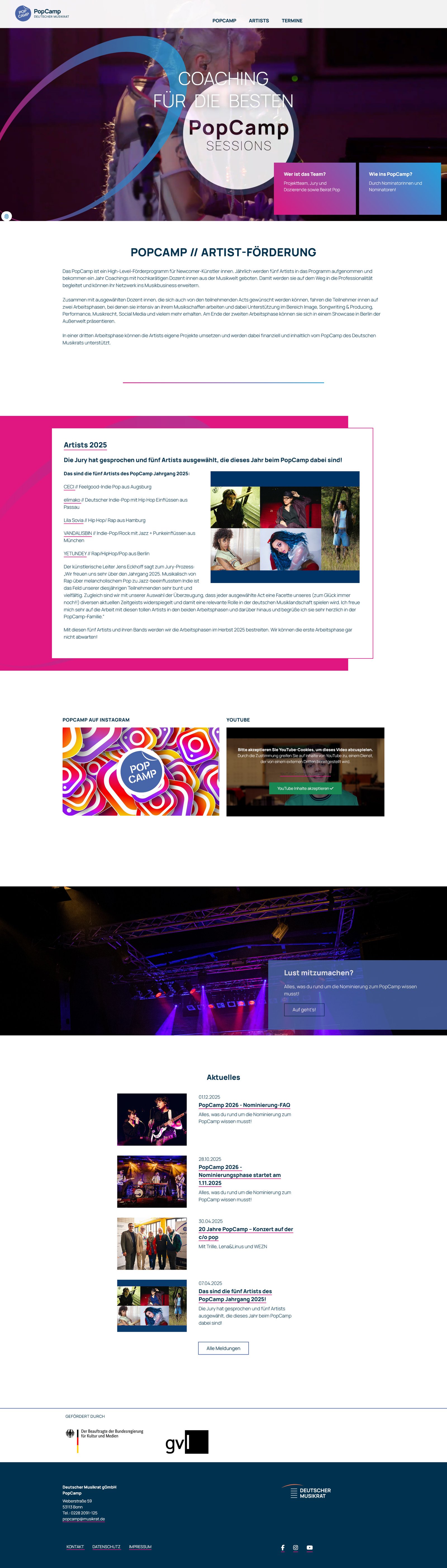 Screenshot der Startseite von popcamp.de