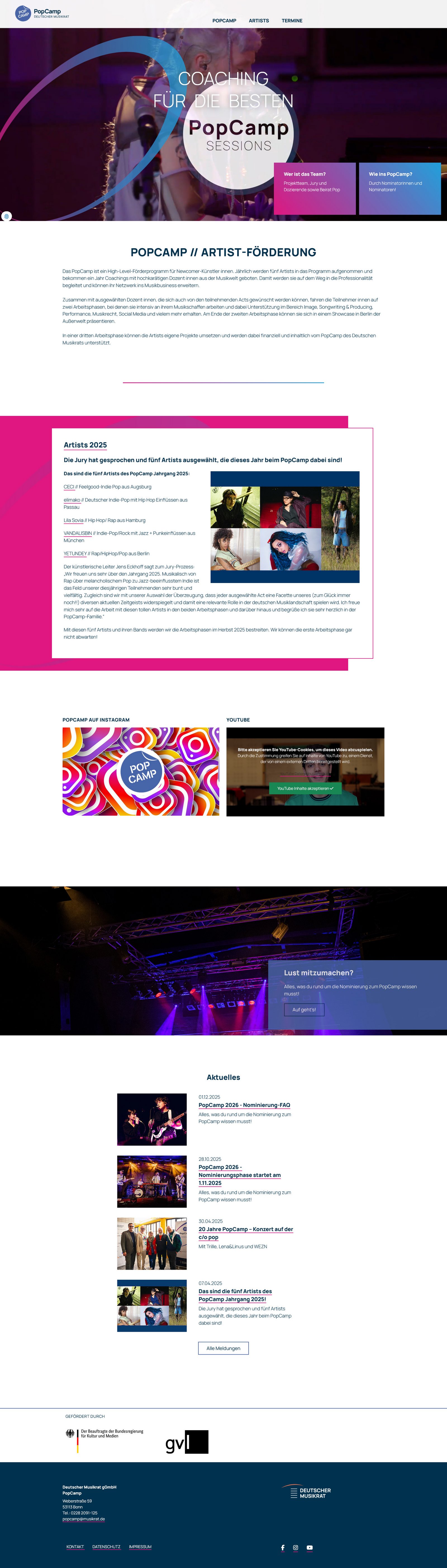 Screenshot der Startseite von popcamp.de