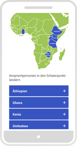 Smartphone-Ansicht mit Afrika-Karte und Akkordeon-Element der Länder