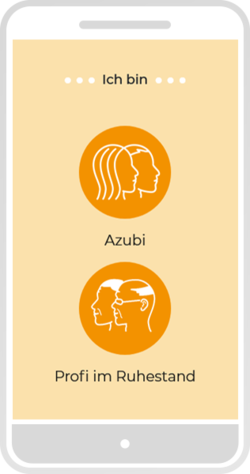 Smartphone-Ansicht der Zielgruppenwahl mit Illustrationen in orangenen Buttons