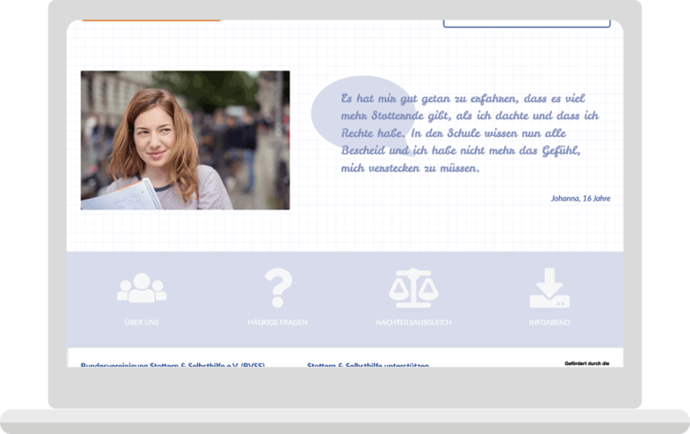 Laptop-Ansicht eines Ausschnitts von stottern-und-schule.de mit Foto, Zitat und hinterlegten Service-Icon-Buttons