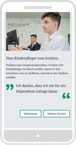 Smartphone-Ansicht eines Gefördertenporträts mit Foto, Zitat und Buttons