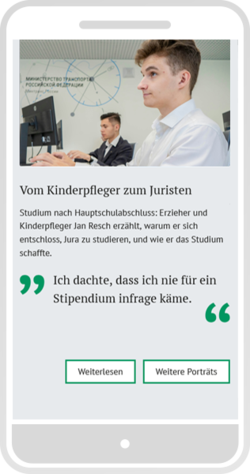 Smartphone-Ansicht eines Gefördertenporträts mit Foto, Zitat und Buttons