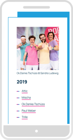 Smartphone-Ansicht einer Liste ehemals geförderter Bands mit Foto
