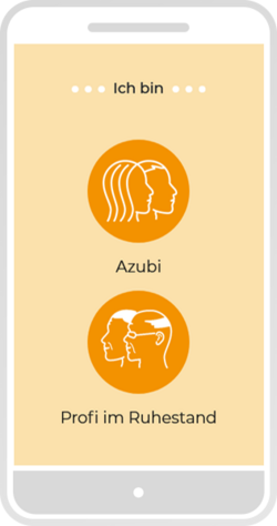 Smartphone-Ansicht der Zielgruppenwahl mit Illustrationen in orangenen Buttons