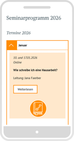 Smartphone-Ansicht eines Seminartermins zum Aufklappen mit Icon