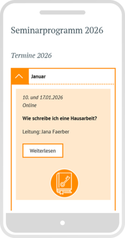 Smartphone-Ansicht eines Seminartermins zum Aufklappen mit Icon