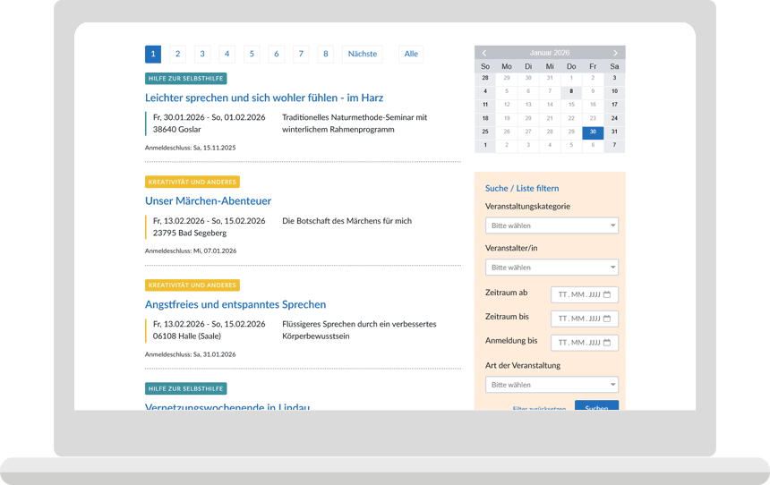 Laptop-Ansicht von Seminar-Übersicht mit Kalender und Suche