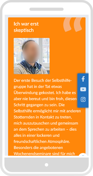 Smartphone-Ansicht von einem Zitat mit Foto, orangenem Hintergrund und Anführungsstrich-Symbol