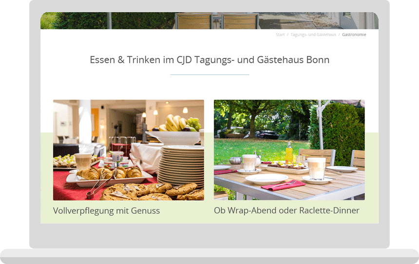 Laptop-Ansicht von der CJD-Bonn Webseite über Gastronomie