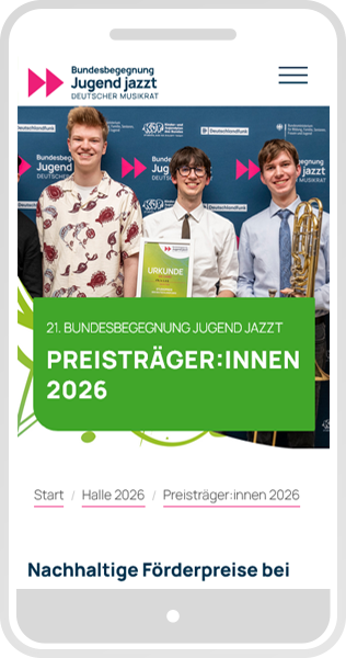 Smartphone-Ansicht des Seitenheaders mit Foto und grünem Infokasten