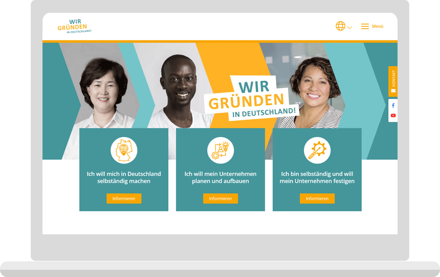 Laptop-Ansicht des Sliders mit drei Teaserboxen im Vordergrund