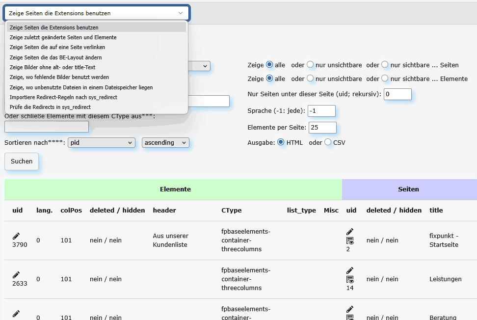 Screenshot der Auswahl- und Suchmasken von Backendtools
