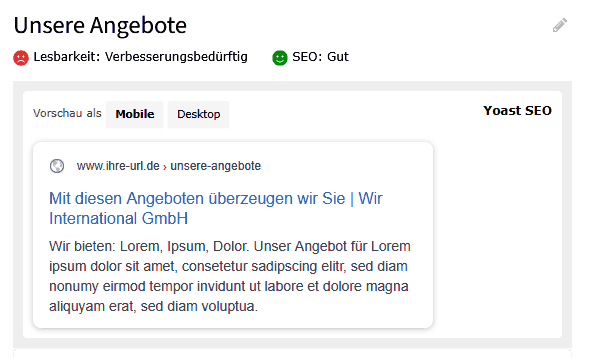 Yoast SEO im TYPO3-Backend: Auswertungsanzeige mit Google-Vorschau